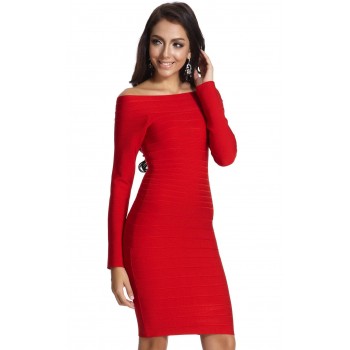 ' Amber' Black boatneck bandage dress with long sleeves